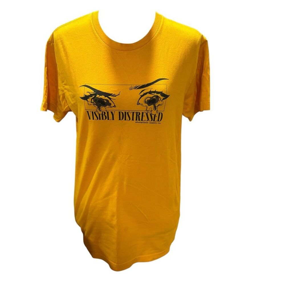 Next Level Visibly Distressed Graphic T-Shirt Crying Eyes Yellow Black Women Sm.